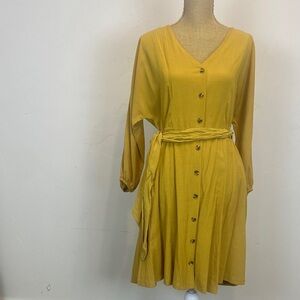 Vintage Y2K Calvin Klein Mustard Button-Front Long Sleeve Shirt Dress